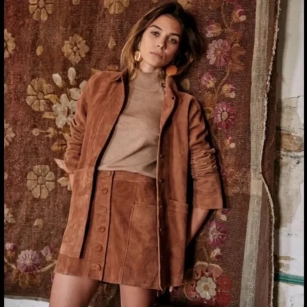 Sezane Alison Tan Suede Skirt, Size 34, US 2 Camel